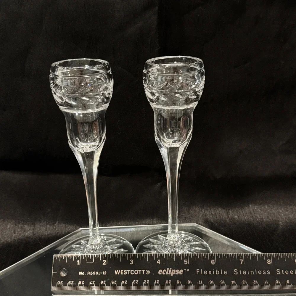 Ralph Lauren Claremont Crystal Candlestick Holders Etched Laurel Band Retired